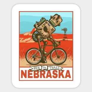 Retro Robot Cycling Nebraska Sticker